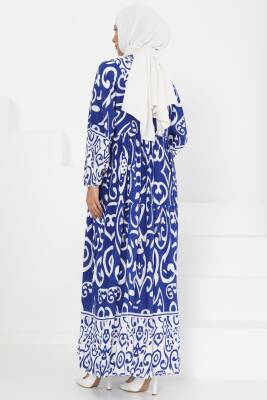 Desenli Düğmeli Elbise Saks - 27428 - 5