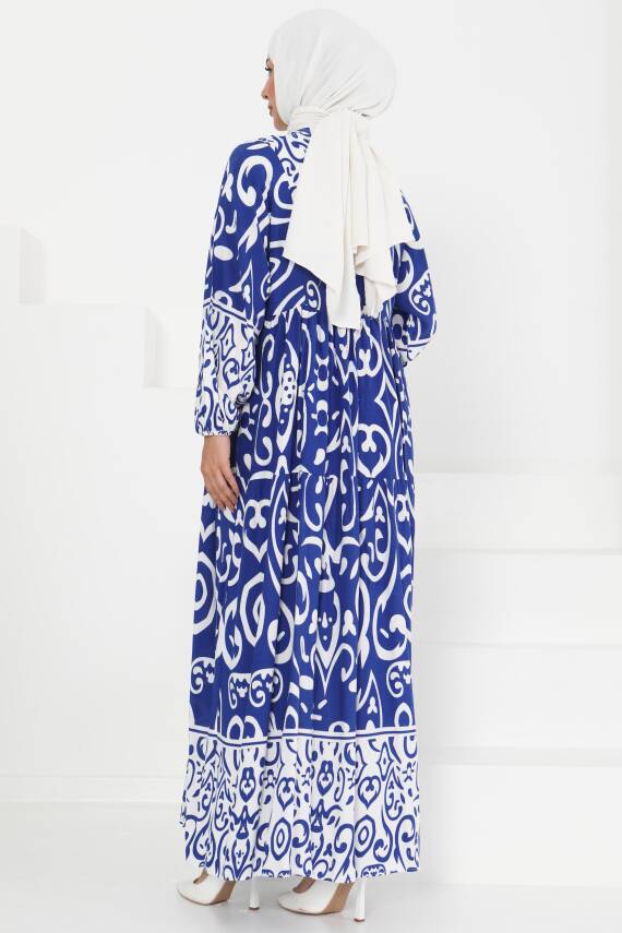 Desenli Düğmeli Elbise Saks - 27428 - 5