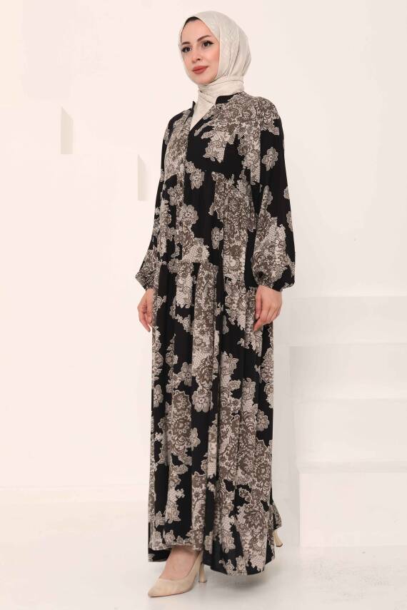 Desenli Düğmeli Elbise Siyah - 27025 - 5