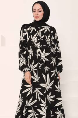 Desenli Düğmeli Elbise Siyah - 27038 - 6