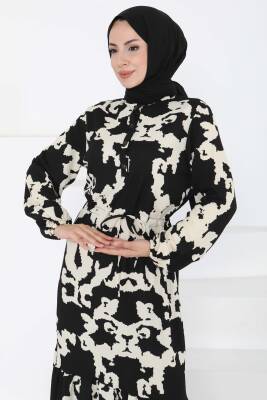 Desenli Düğmeli Elbise Siyah - 27189 - 5