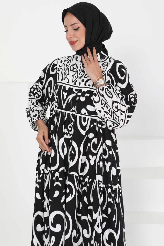 Desenli Düğmeli Elbise Siyah - 27428 - 2