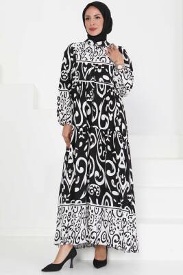 Desenli Düğmeli Elbise Siyah - 27428 - 3