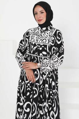 Desenli Düğmeli Elbise Siyah - 27428 - 4