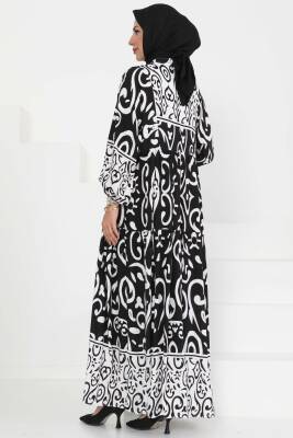 Desenli Düğmeli Elbise Siyah - 27428 - 5