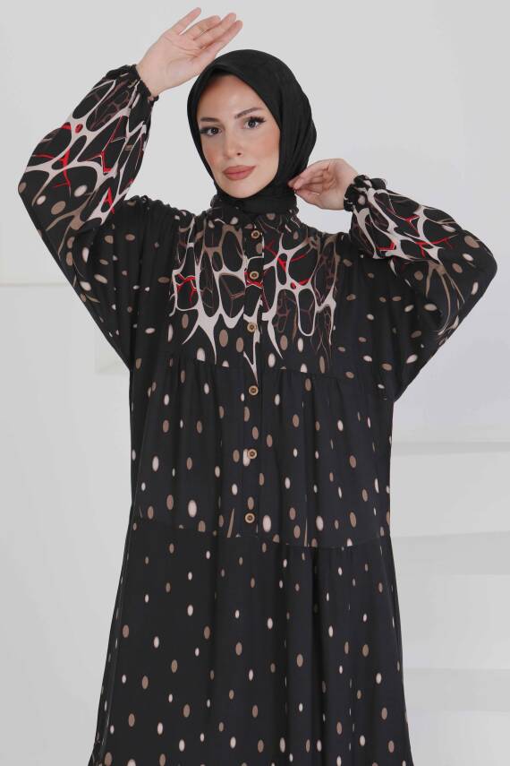 Desenli Düğmeli Elbise Vizon - 27493 - 1