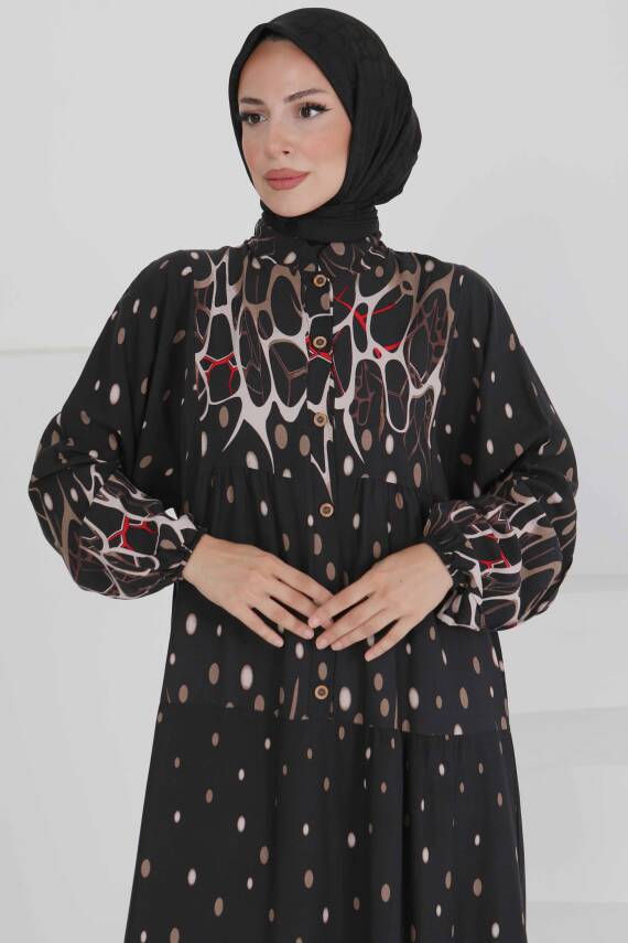 Desenli Düğmeli Elbise Vizon - 27493 - 3