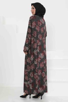Desenli Elbise Bordo - 27368 - 4