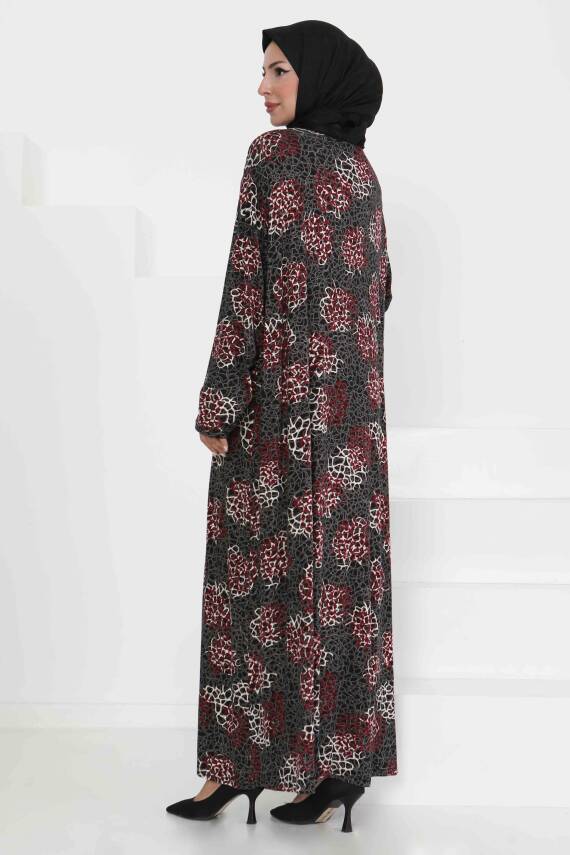 Desenli Elbise Bordo - 27368 - 4