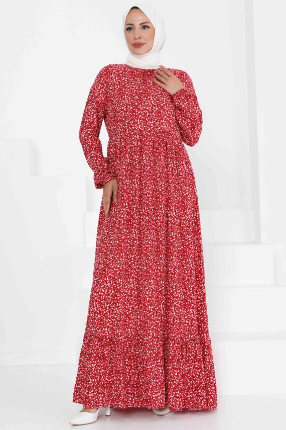 Desenli Elbise Kirmizi - 27421 - 1