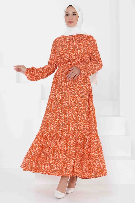 Desenli Elbise Oranj - 27421 - 1