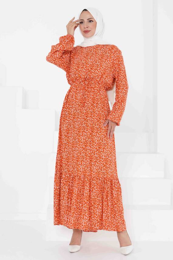 Desenli Elbise Oranj - 27421 - 3