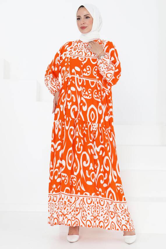 Desenli Elbise Oranj - 27431 - 2