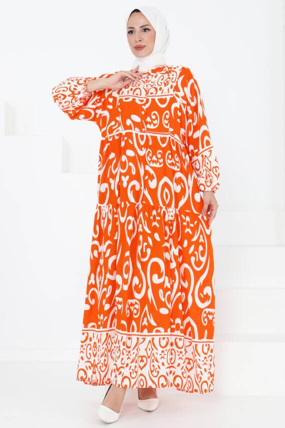 Desenli Elbise Oranj - 27431 - 4