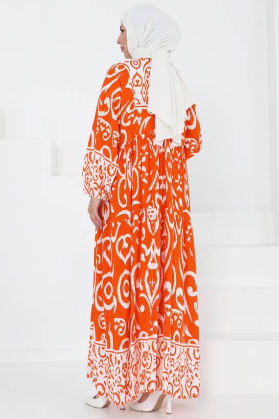 Desenli Elbise Oranj - 27431 - 5