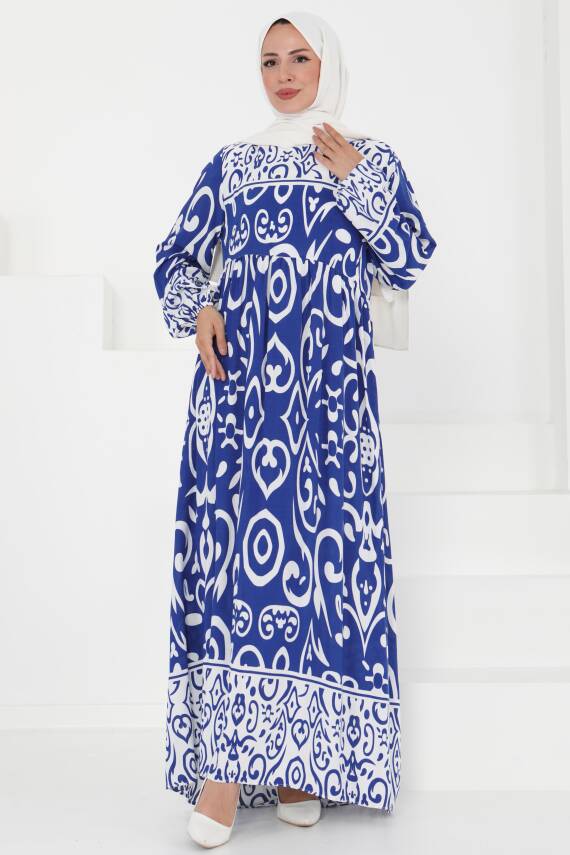 Desenli Elbise Saks - 27431 - 1