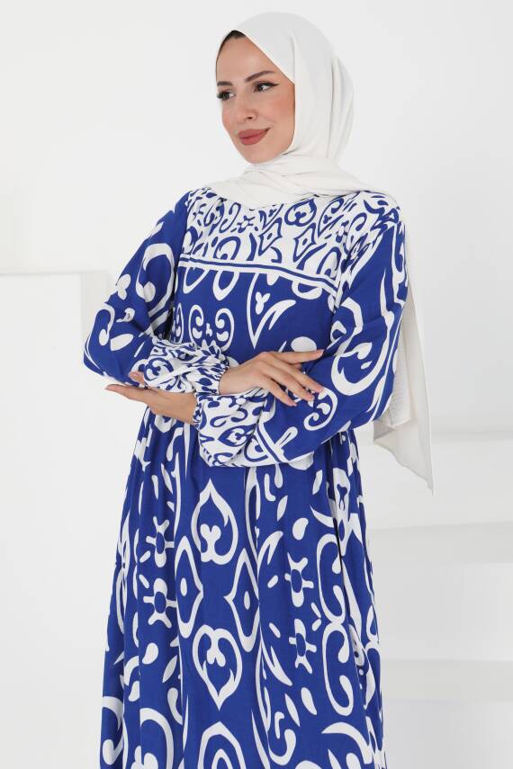 Desenli Elbise Saks - 27431 - 2
