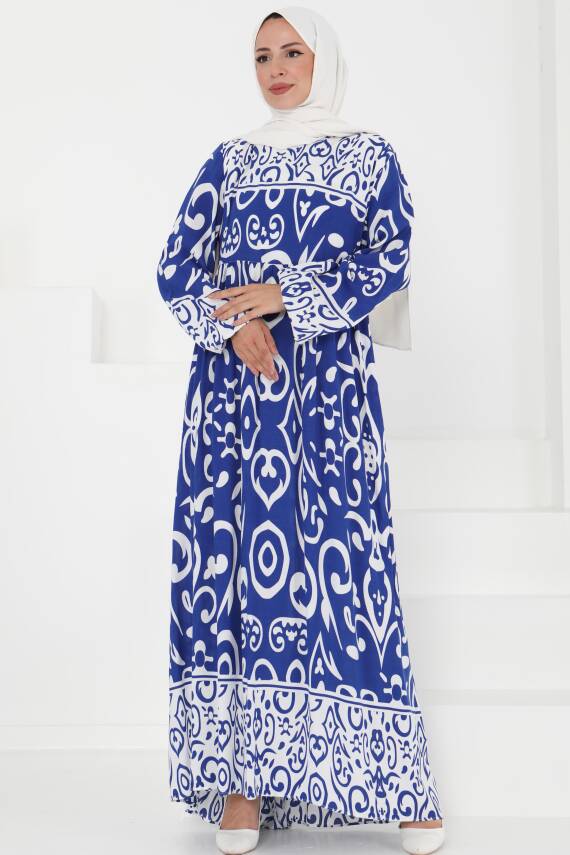 Desenli Elbise Saks - 27431 - 3