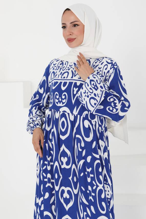 Desenli Elbise Saks - 27431 - 4