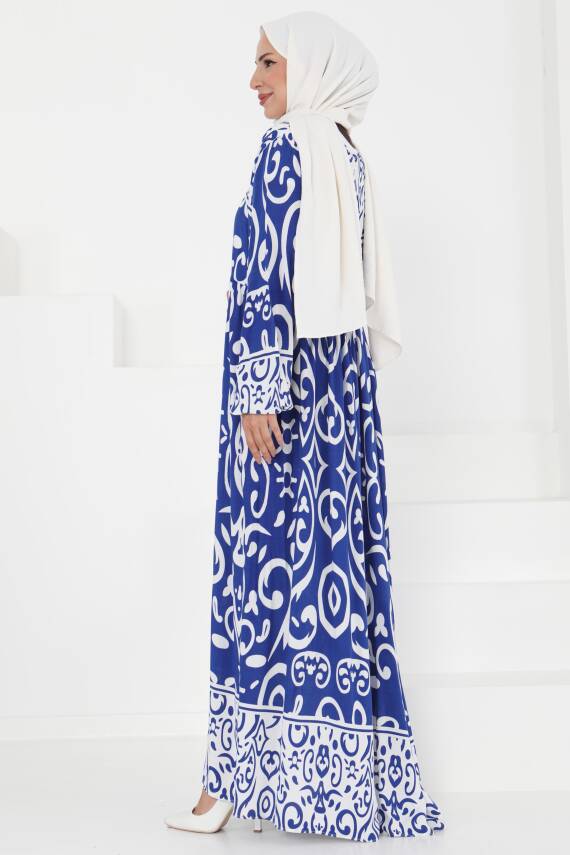 Desenli Elbise Saks - 27431 - 5