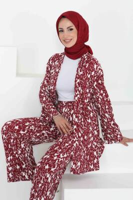 Desenli Kimono Takım Bordo - 27132 - 1