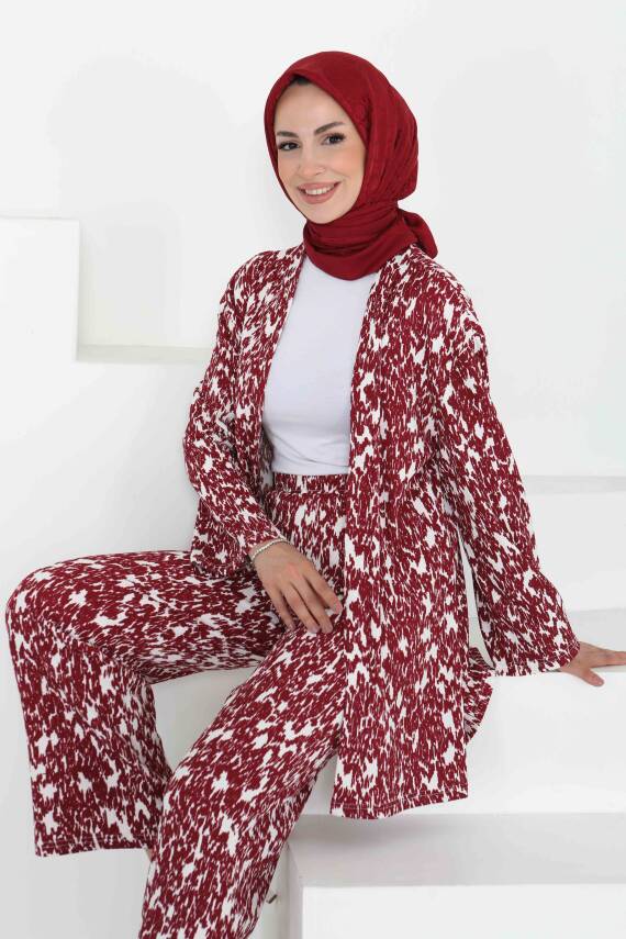 Desenli Kimono Takım Bordo - 27132 - 1