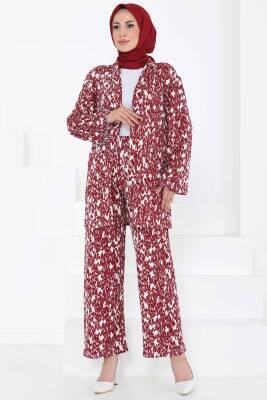 Desenli Kimono Takım Bordo - 27132 - 2