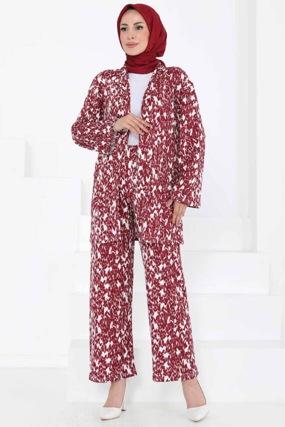 Desenli Kimono Takım Bordo - 27132 - 2