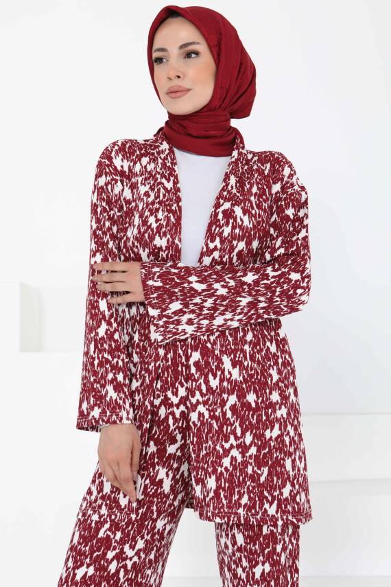 Desenli Kimono Takım Bordo - 27132 - 3