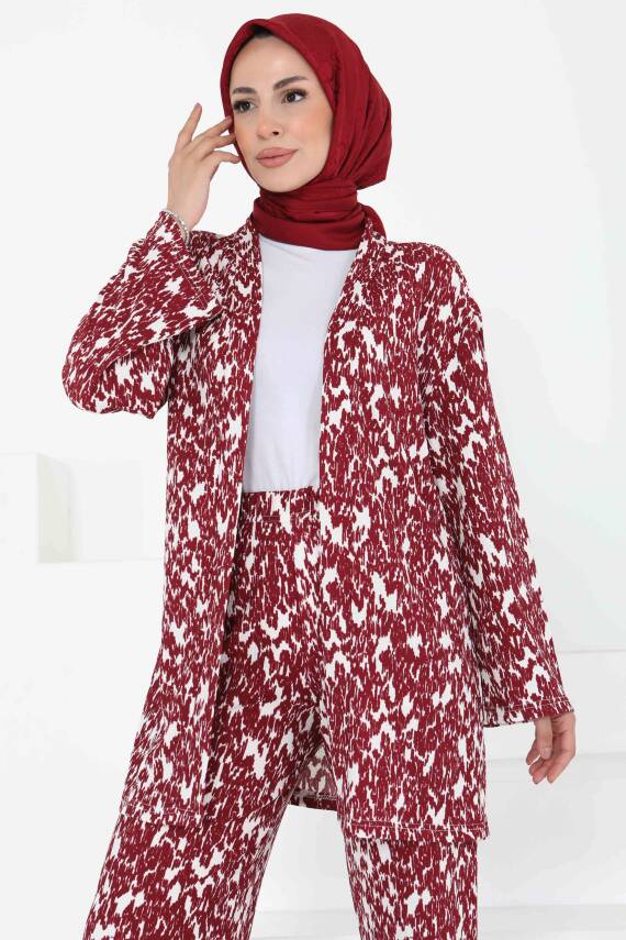 Desenli Kimono Takım Bordo - 27132 - 5
