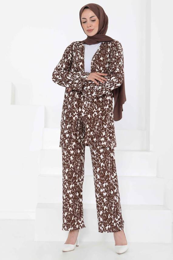 Desenli Kimono Takım Kahve - 27132 - 1