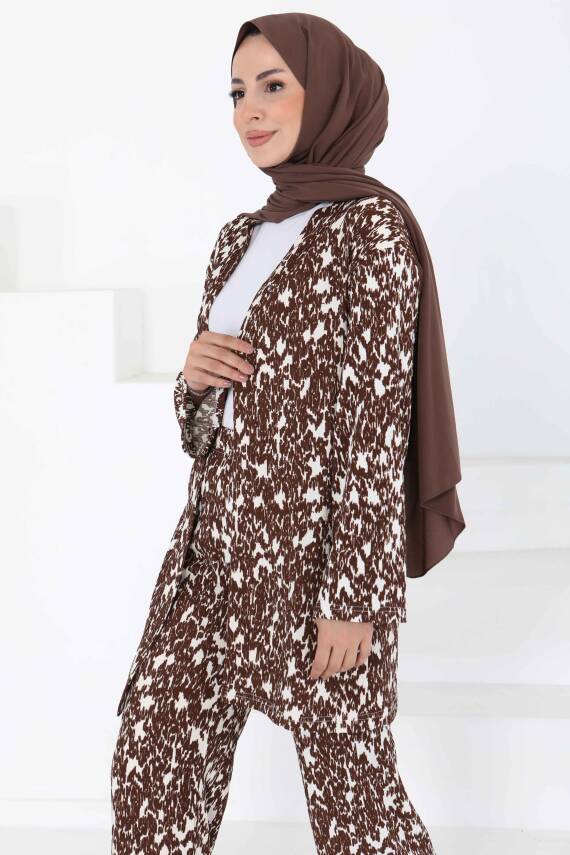 Desenli Kimono Takım Kahve - 27132 - 2