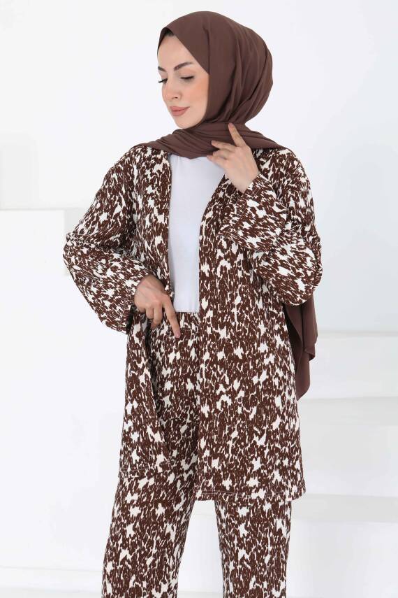 Desenli Kimono Takım Kahve - 27132 - 4