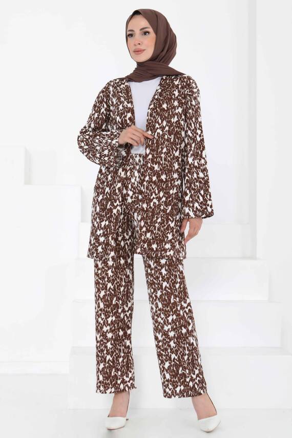 Desenli Kimono Takım Kahve - 27132 - 5