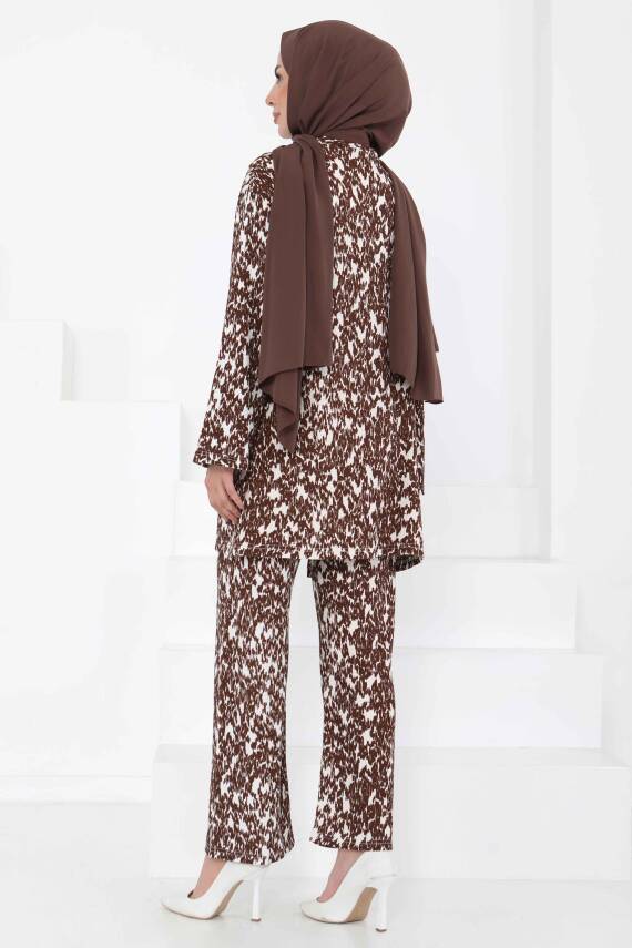 Desenli Kimono Takım Kahve - 27132 - 6