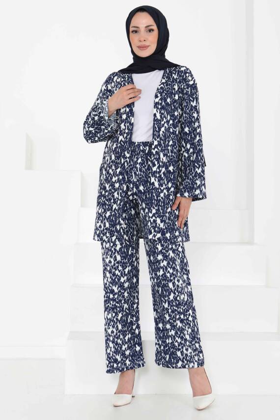 Desenli Kimono Takım Lacivert - 27132 - 1