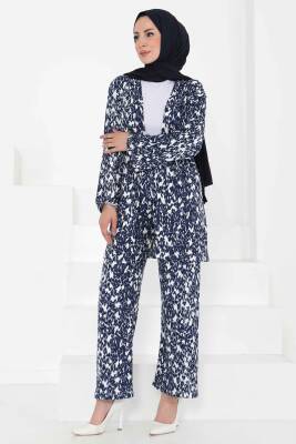 Desenli Kimono Takım Lacivert - 27132 - 3