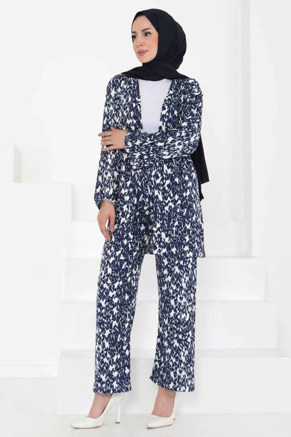 Desenli Kimono Takım Lacivert - 27132 - 3