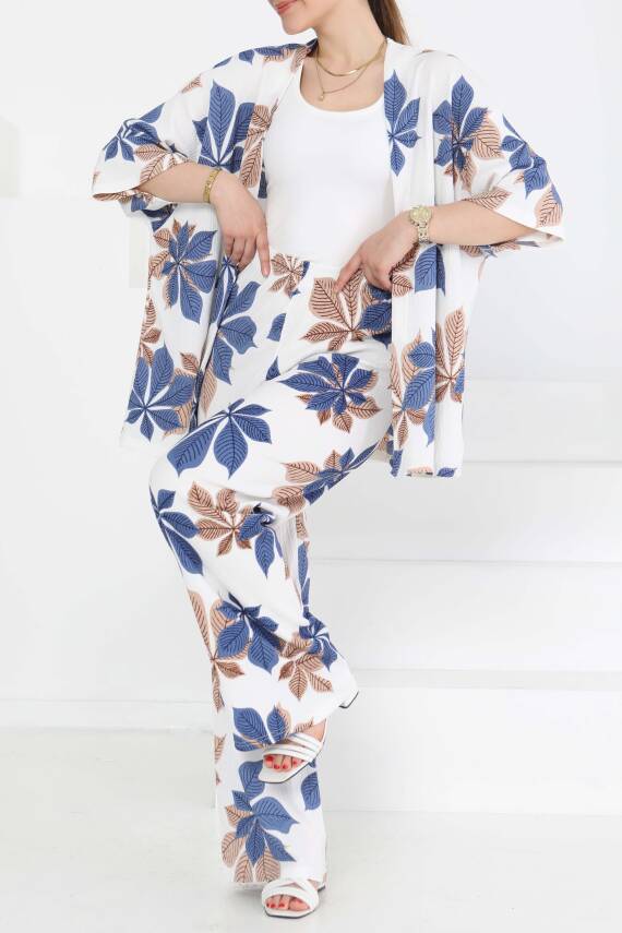 Desenli Kimono Takım Mavi - 27284 - 1