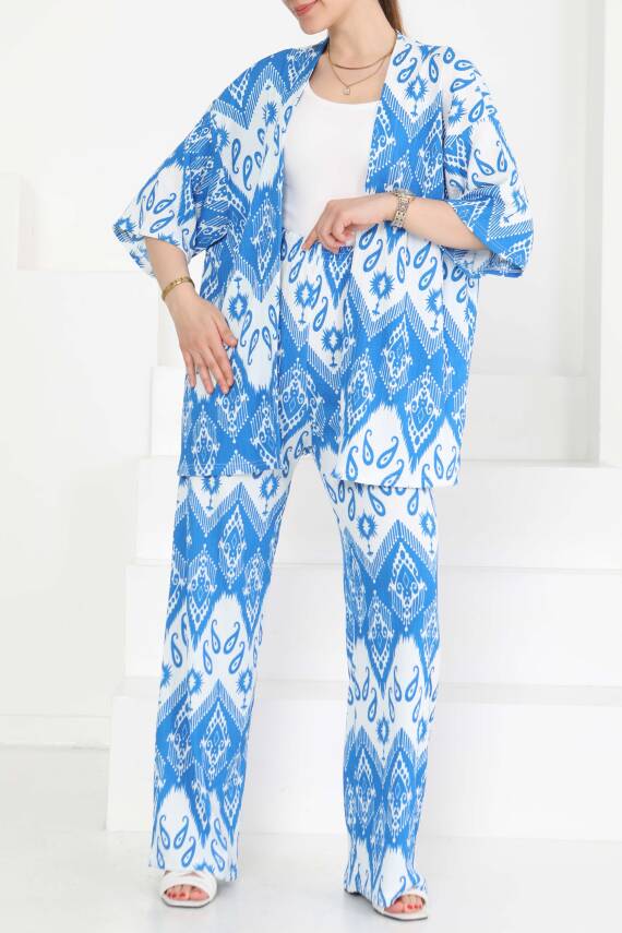 Desenli Kimono Takım Mavi - 27286 - 2