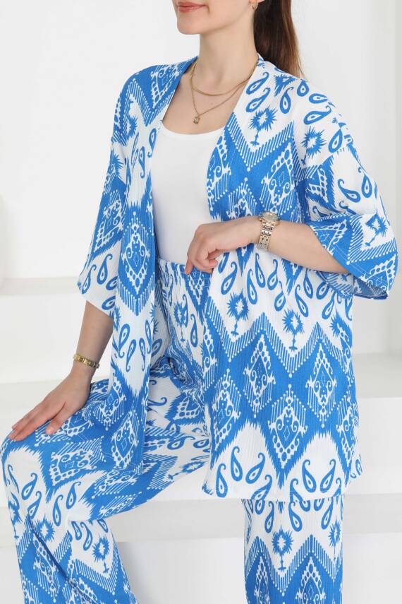 Desenli Kimono Takım Mavi - 27286 - 3