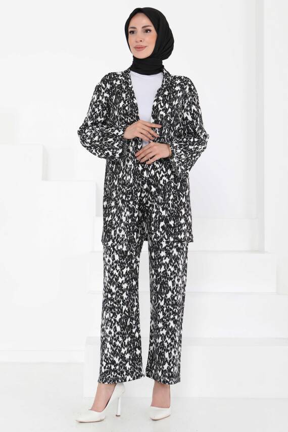 Desenli Kimono Takım Siyah - 27132 - 1