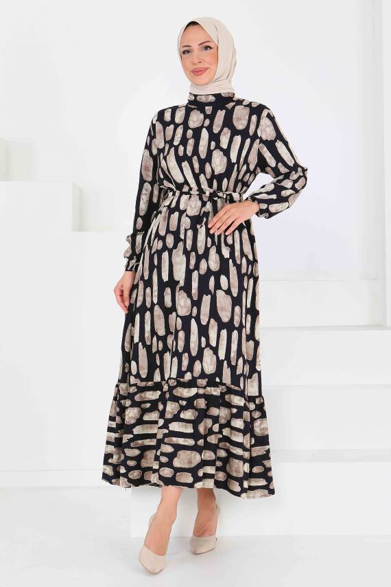 Desenli Kuşaklı Elbise Bej - 27519 - 3