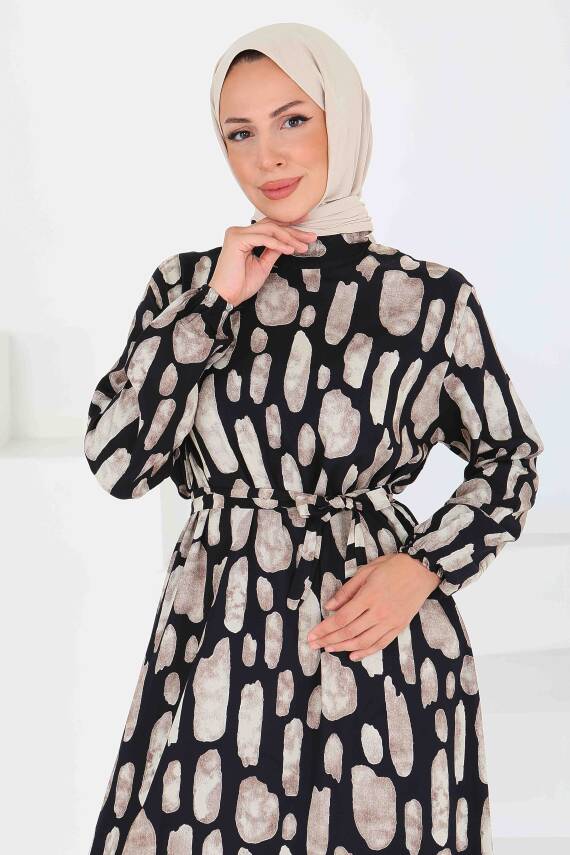 Desenli Kuşaklı Elbise Bej - 27519 - 5