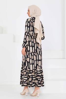 Desenli Kuşaklı Elbise Bej - 27519 - 6