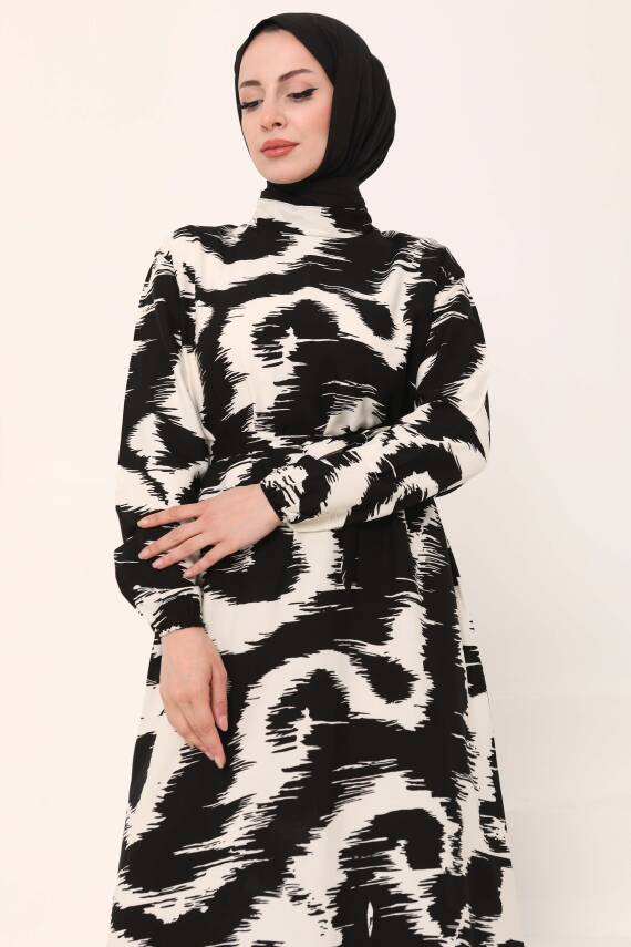 Desenli Kuşaklı Elbise Beyaz - 27039 - 6