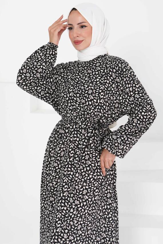 Desenli Kuşaklı Elbise Beyaz - 27426 - 1