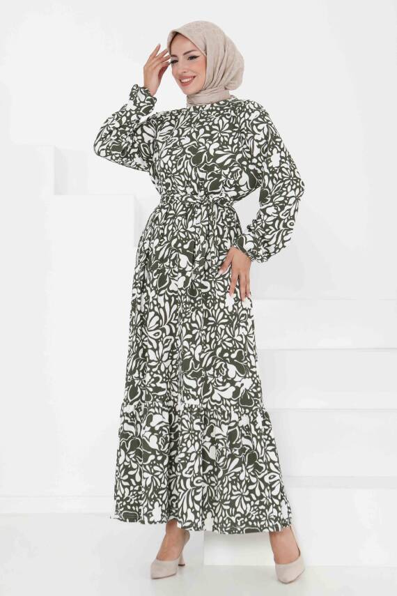 Desenli Kuşaklı Elbise Haki - 27365 - 3