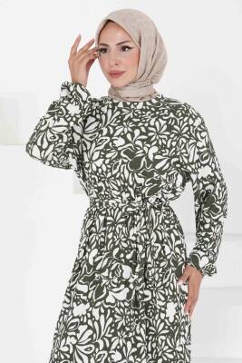 Desenli Kuşaklı Elbise Haki - 27365 - 4