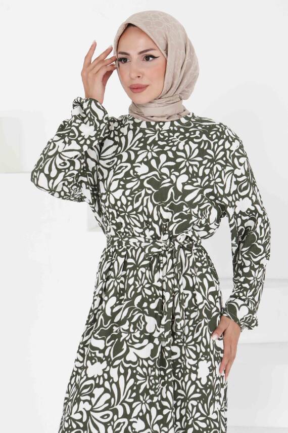 Desenli Kuşaklı Elbise Haki - 27365 - 4